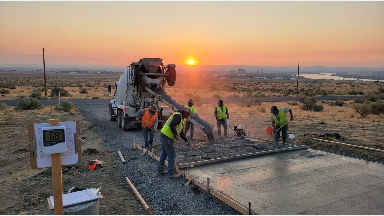 Early morning concrete pour in Pasco Washington Franklin County Columbia Basin Tri-Cities 100 degree summer heat management