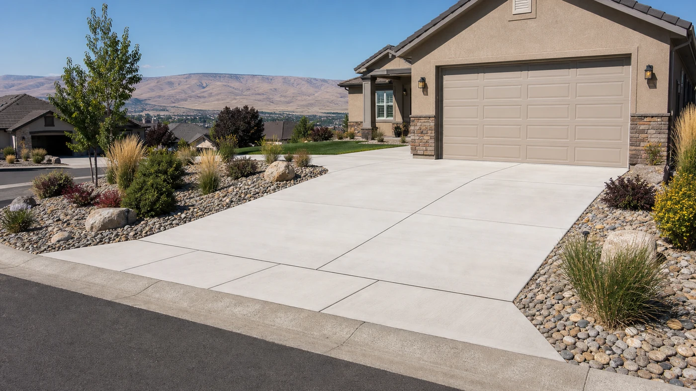 Finished residential concrete driveway with control joints in Pasco Washington Columbia Basin neighborhood