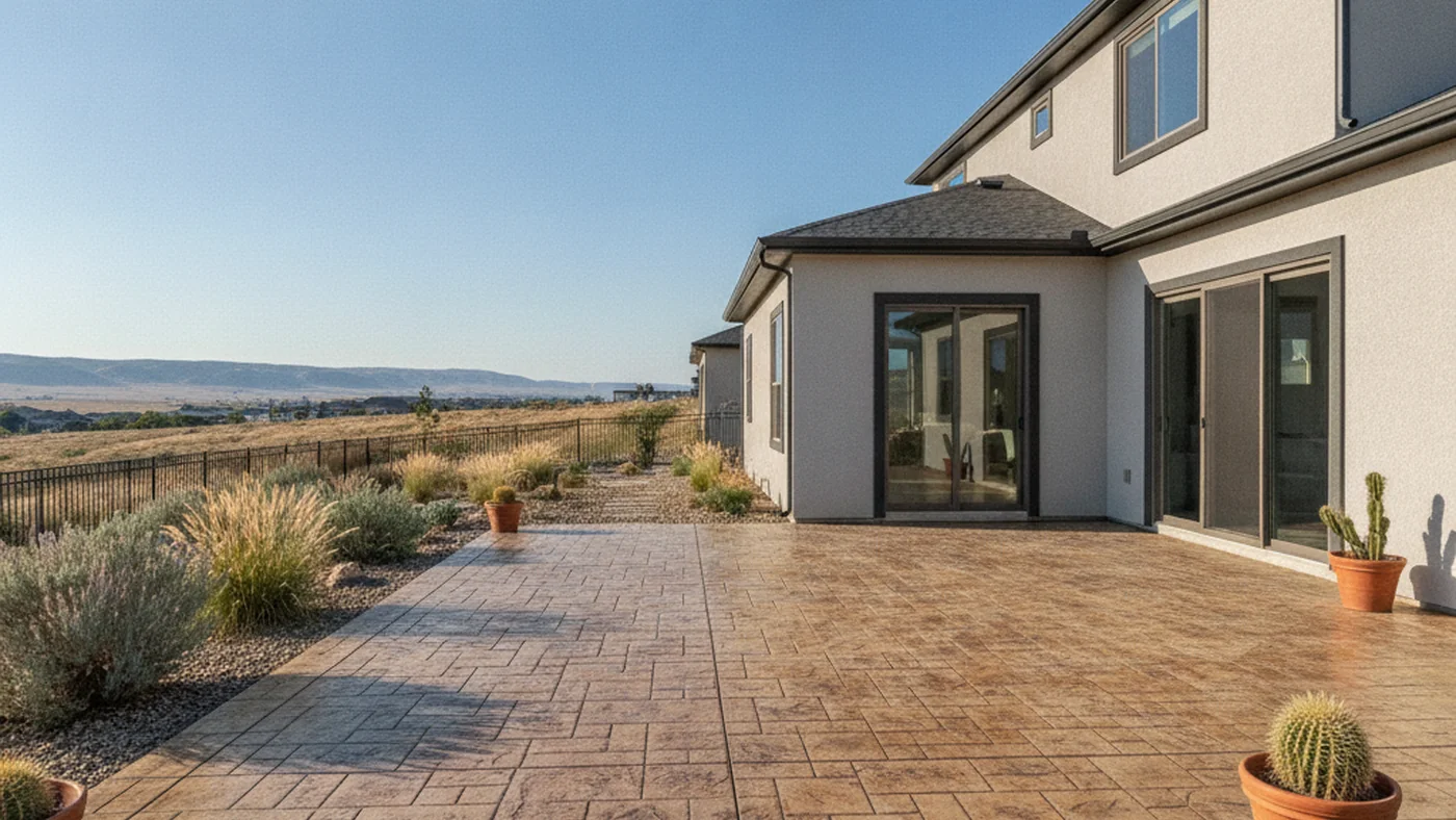 Stamped concrete patio Pasco Washington Franklin County Columbia Basin ashlar slate desert earth tones residential